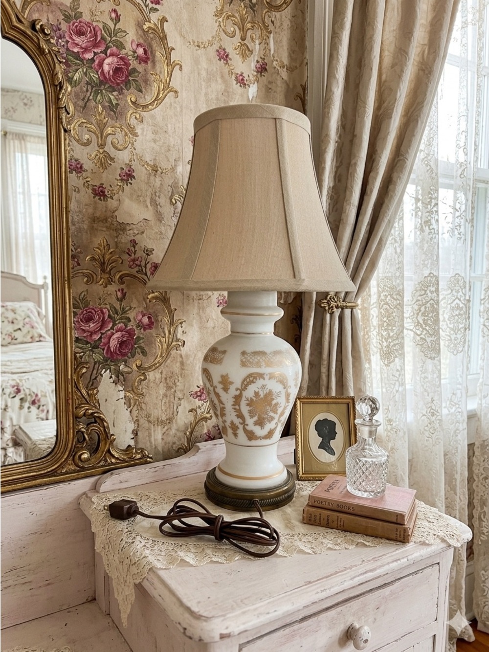 Vtg Hollywood Regency White Milk Glass Table Lamp Gold Filigree Urn Brass Mcm